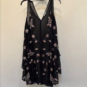 Intimately Free People Black Sheer Dress with Pink Floral Embroidery